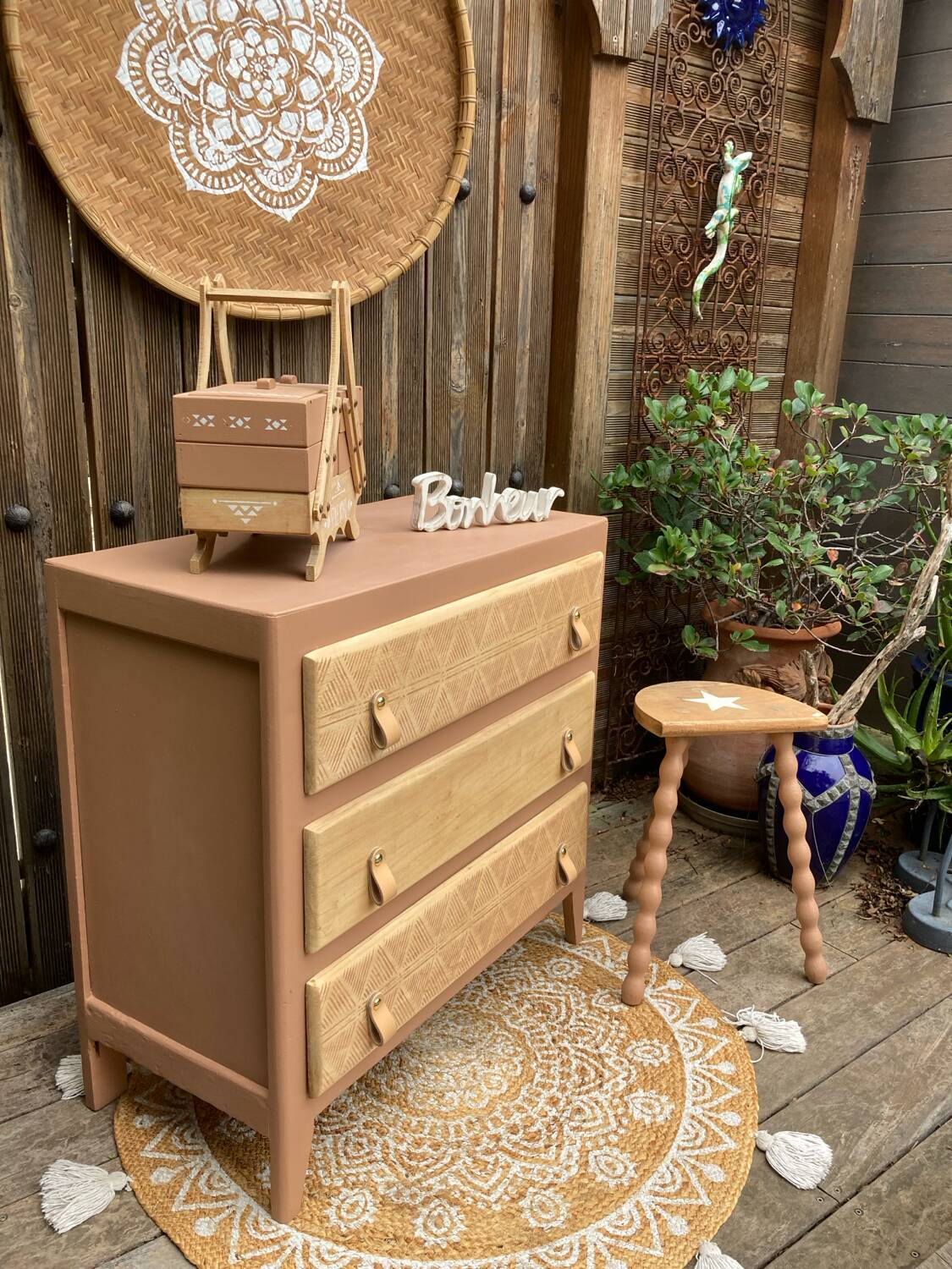 Beautifully restyled compact ethnic bohemian chest of drawers.