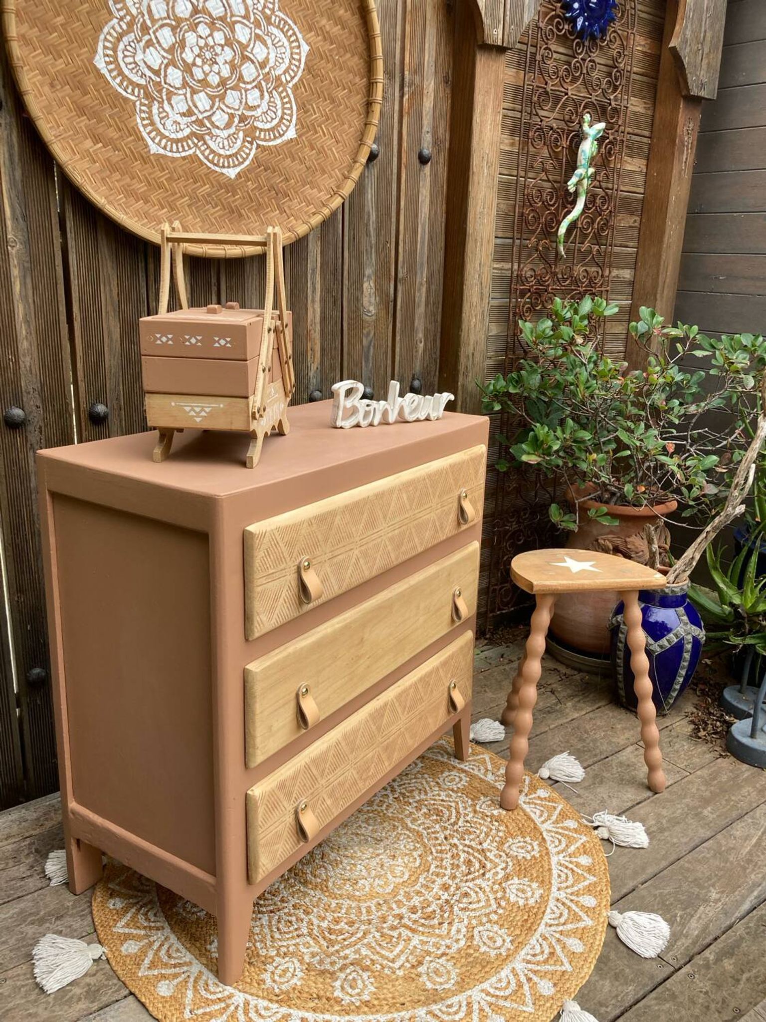 Beautifully restyled compact ethnic bohemian chest of drawers.