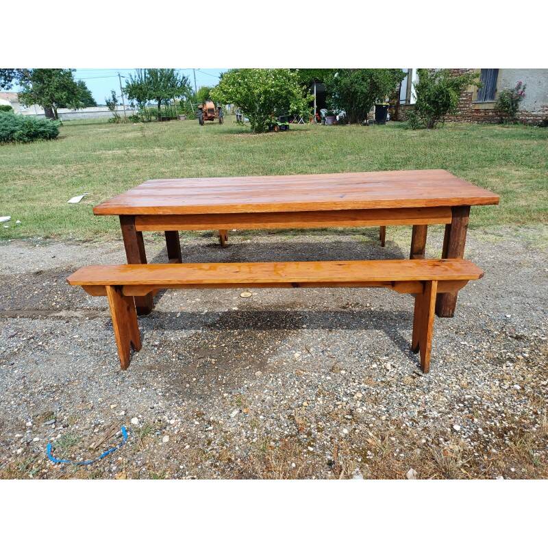 Table de ferme campagnarde en chêne et pin + 2 bancs