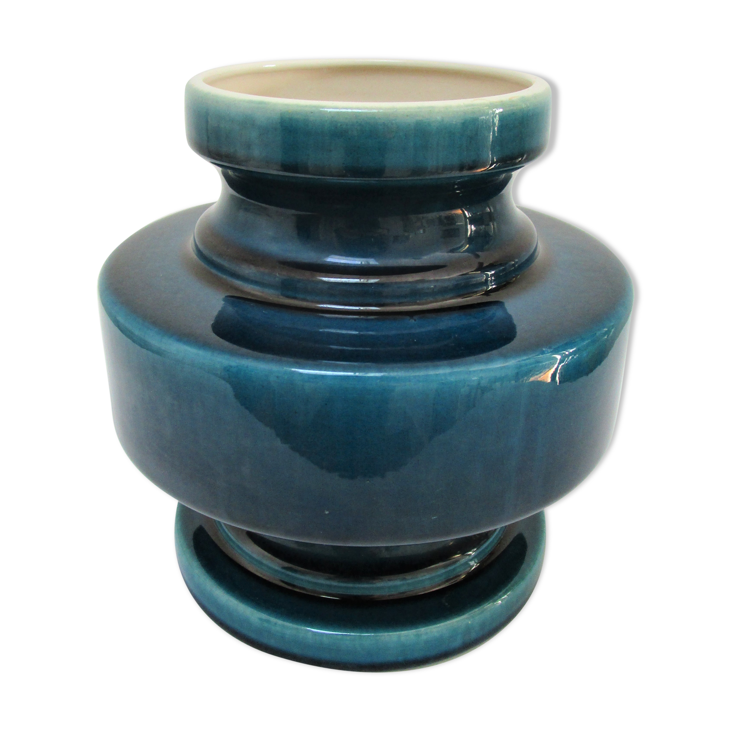 Vase céramique craquelée bleu canard 1970
