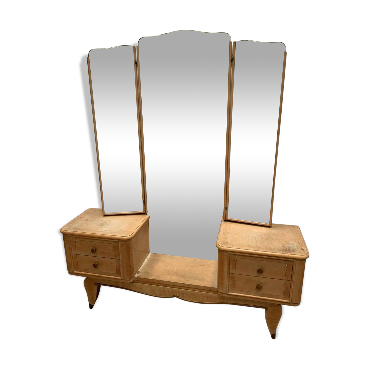 Coiffeuse Art Déco a miroir tripthique en placage de bois clair XX siècle