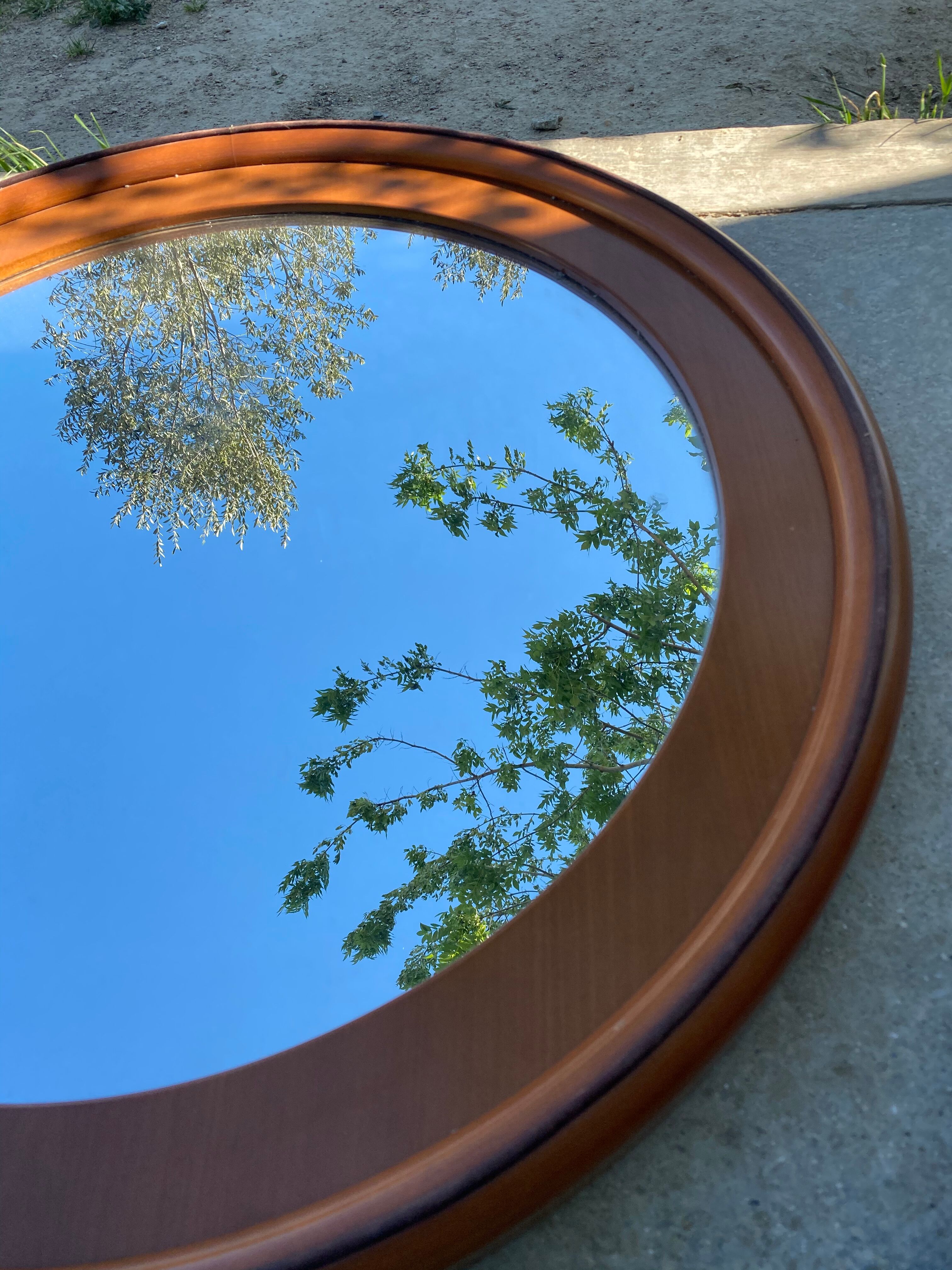 1970 wood and leather 86cm round mirror design