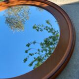 1970 wood and leather 86cm round mirror design
