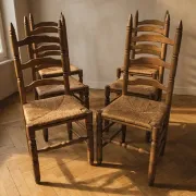 Set of 6 vintage wooden ladder-back dining chairs with woven seats, 20th century, 105 × 38 cm