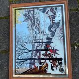 Vintage mirror painted hunters in the snow after painting by Pieter Bruegel the Elder (1565)