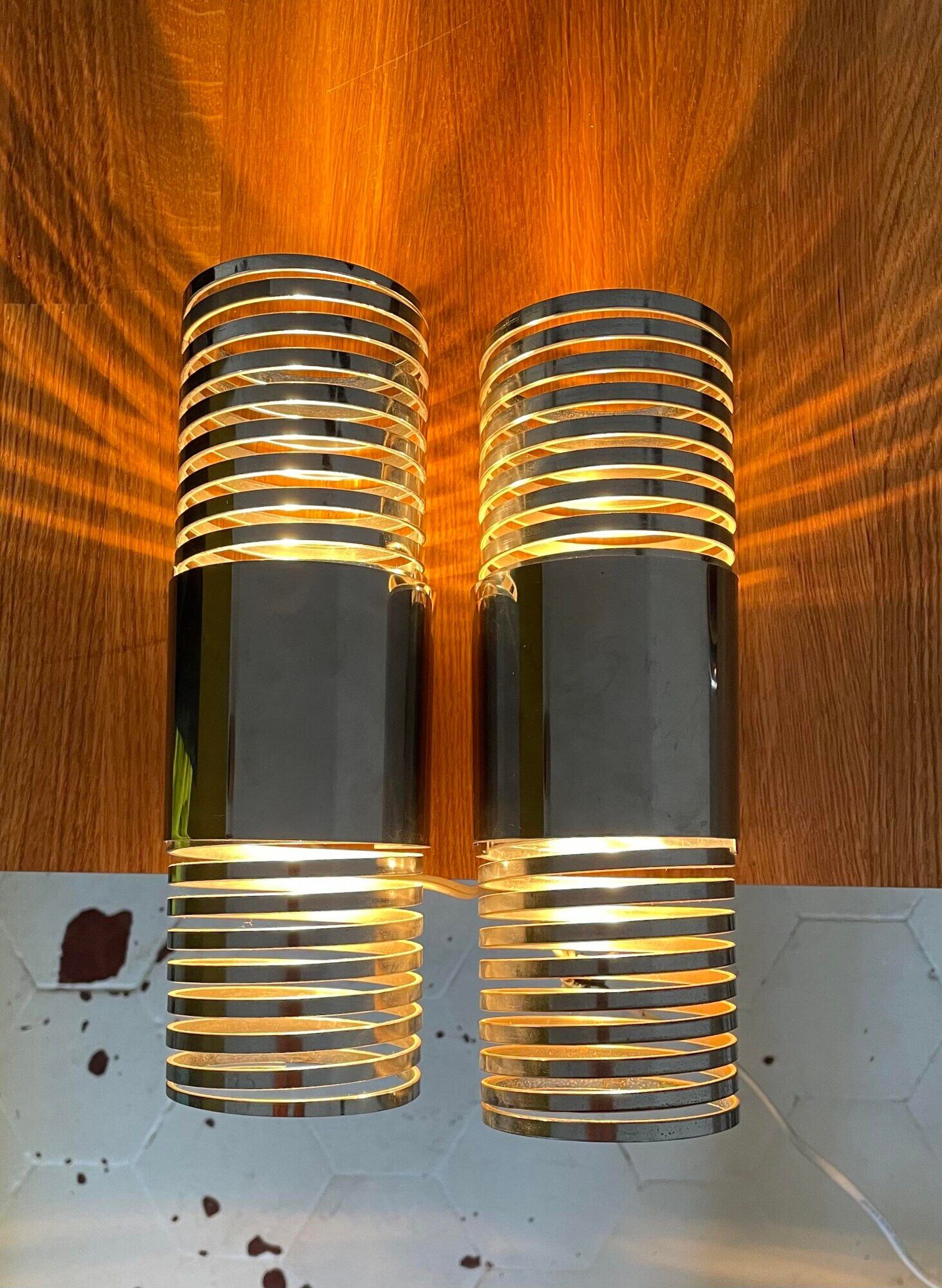 Pair of vintage wall lamps "Spring", chromed metal, France 1970