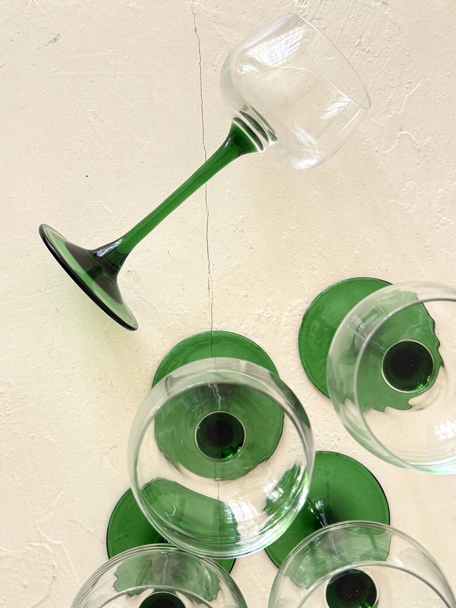 French service of green bottle glass wine glasses, Alsace 1970.