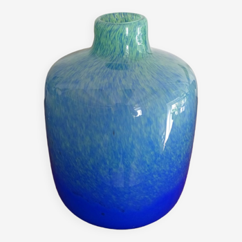 Large blue/green speckled blown glass vase