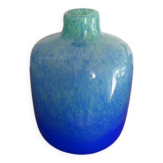 Large blue/green speckled blown glass vase