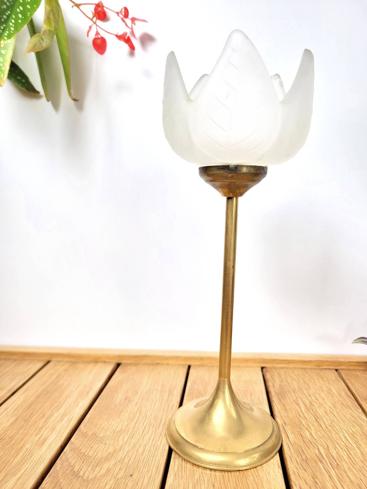 Tulip candle holder in brass and frosted glass