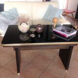 Table basse avec plateau en verre noir relevable et rallonges années 40-50
