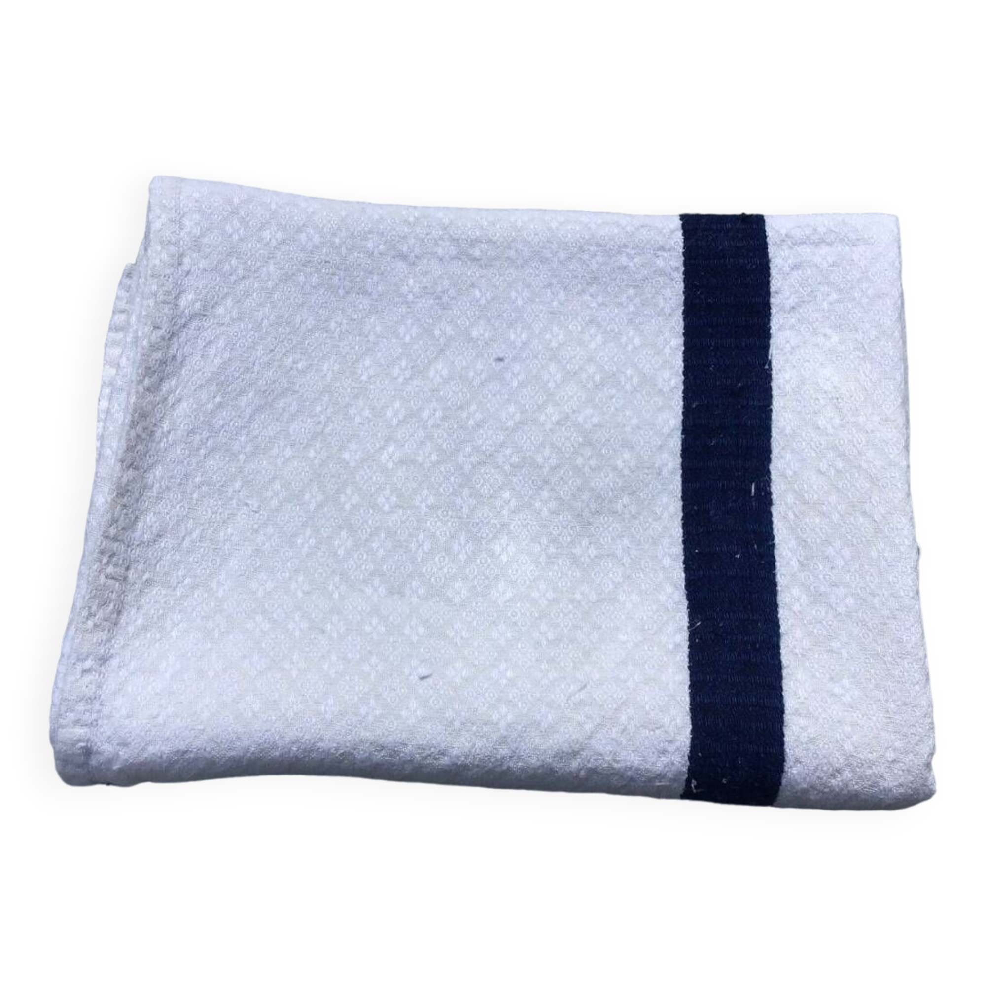 Old ecru Basque linen tea towel with navy blue stripes