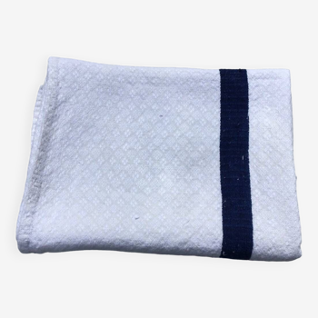 Old ecru Basque linen tea towel with navy blue stripes