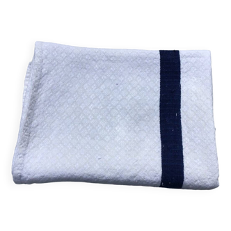 Old ecru Basque linen tea towel with navy blue stripes