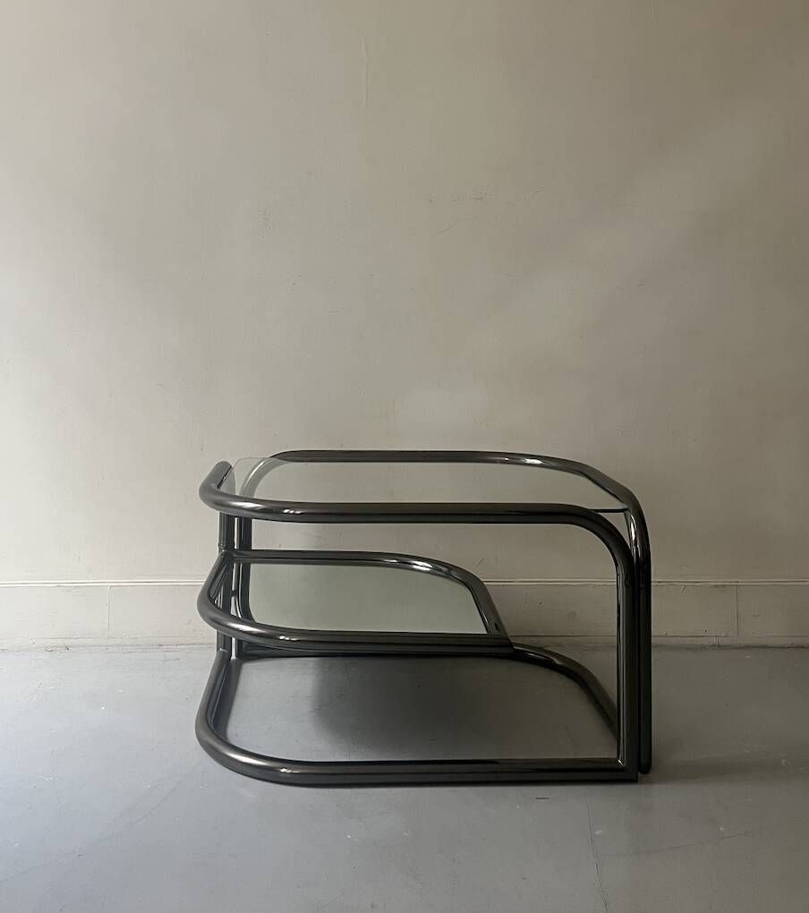 rotating coffee table drop in tubular chrome metal, glass and mirror, design 1970