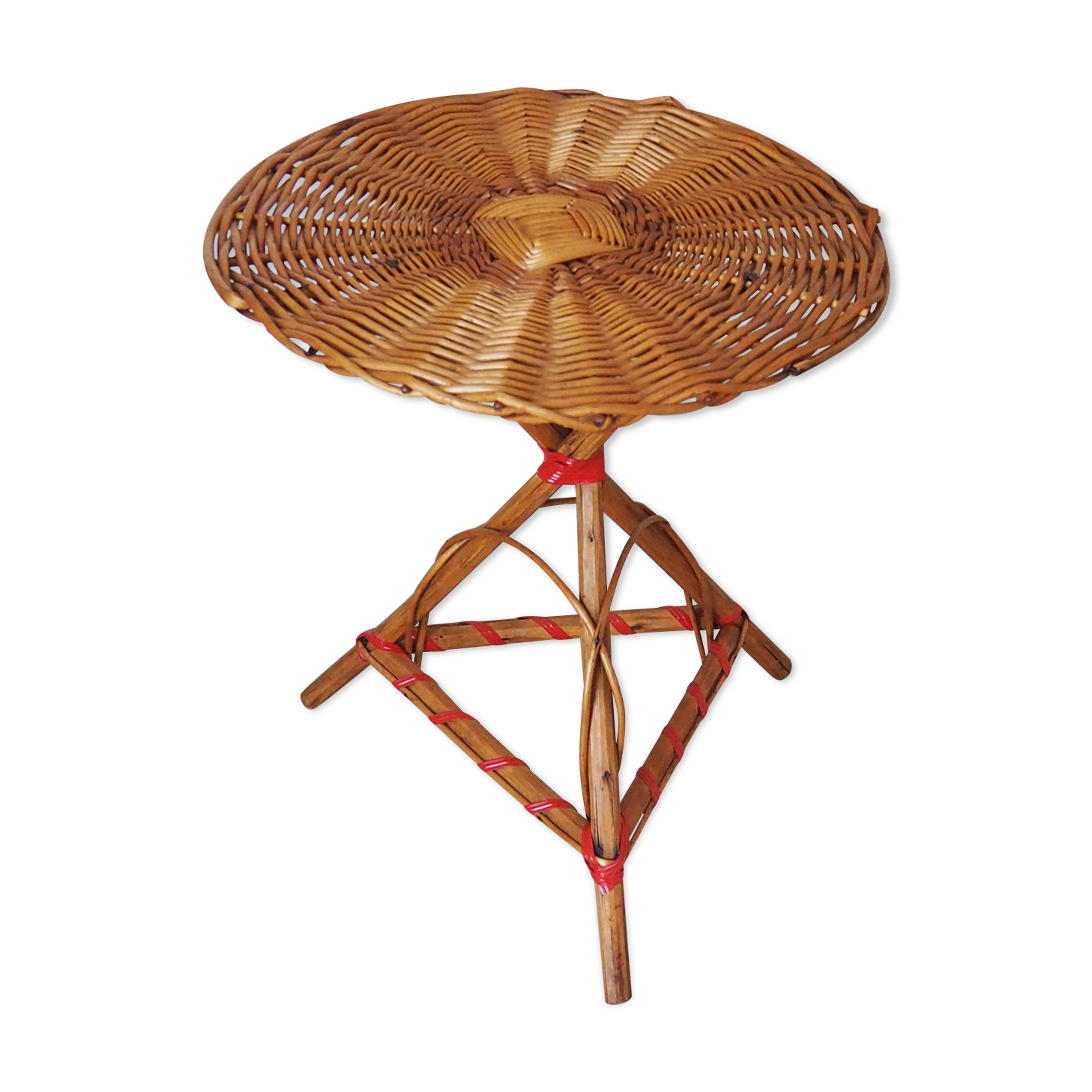 Bolster / pedestal table in tripod rattan 1960s-1970s