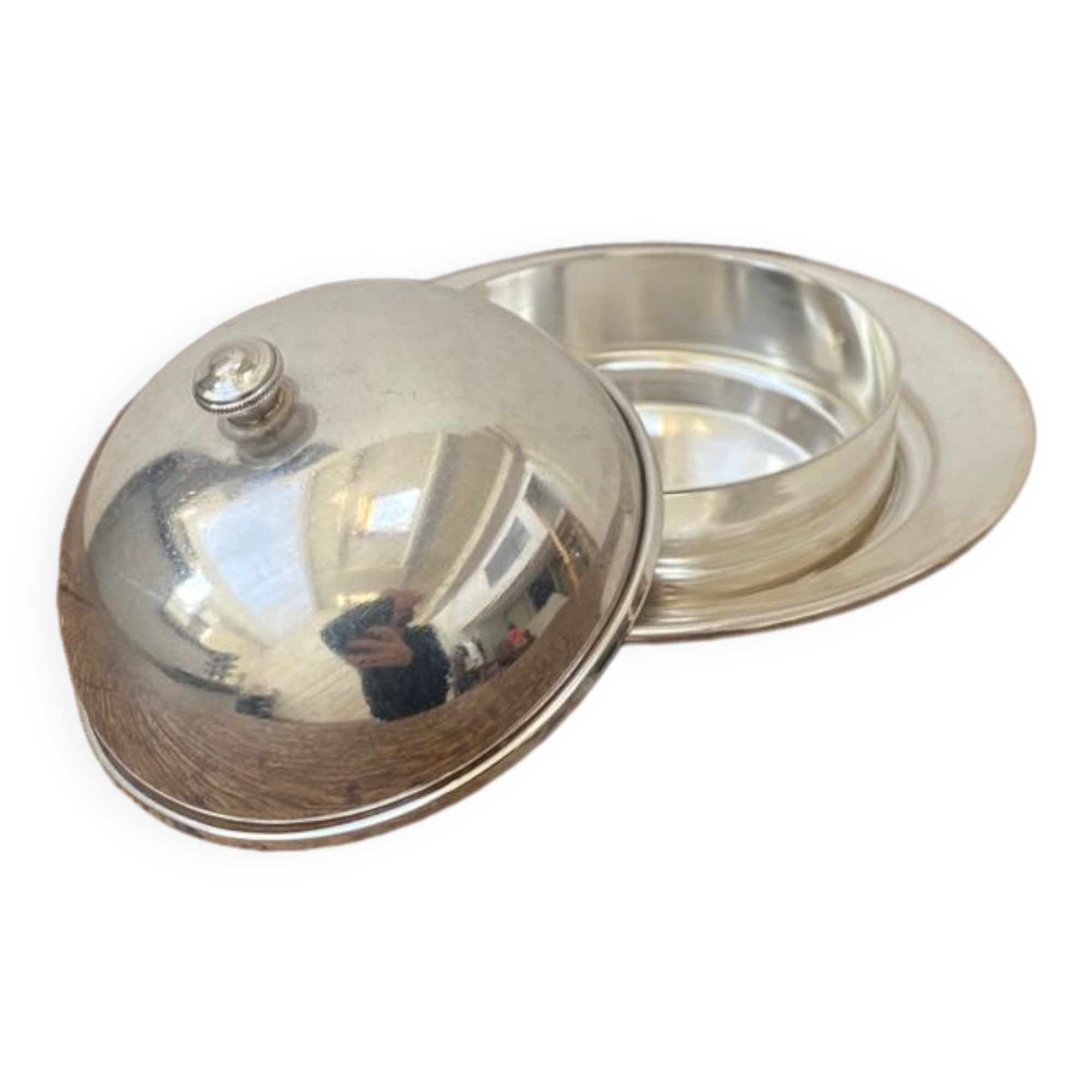 Silver metal butter dish