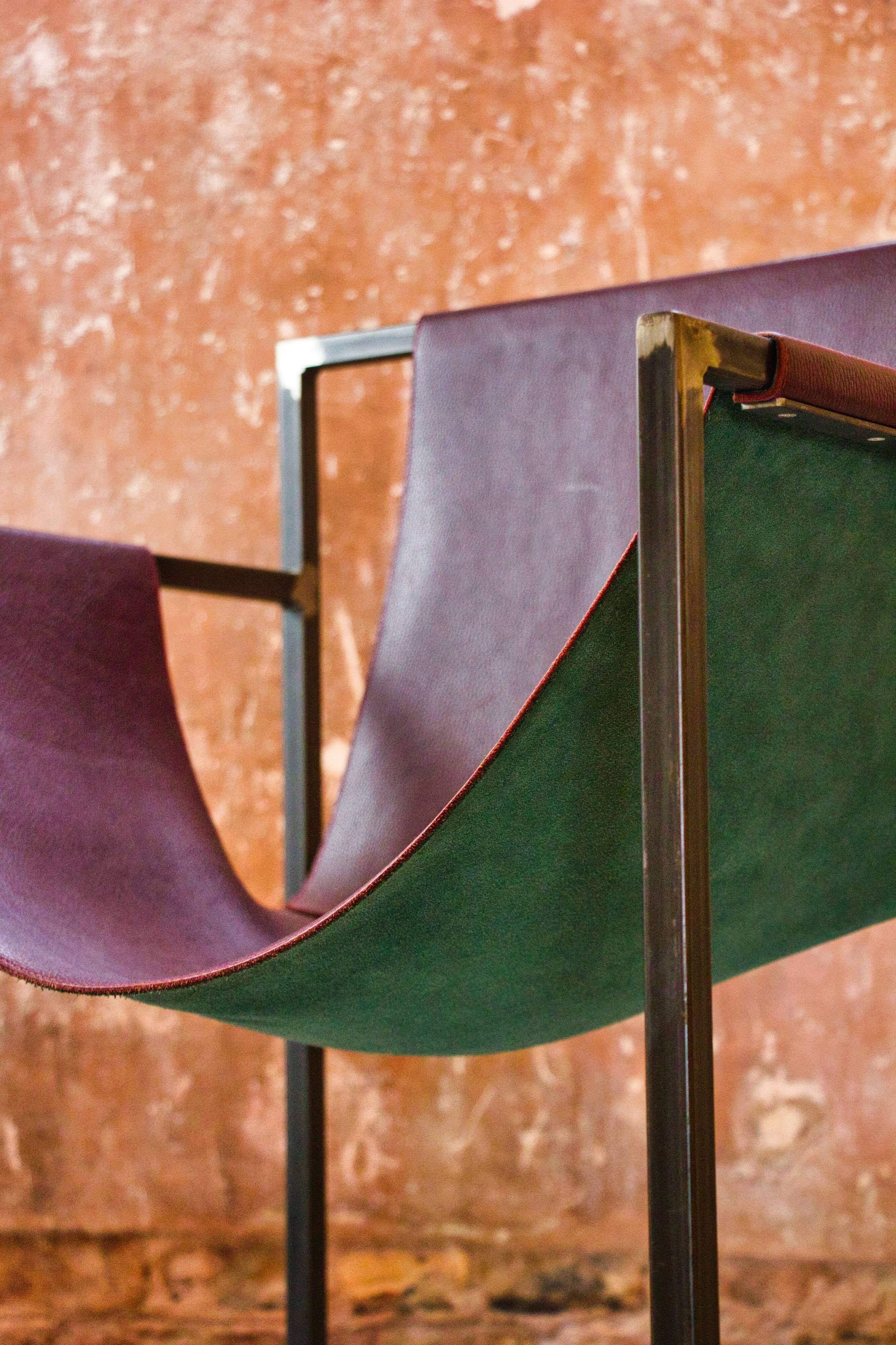 Burgundy leather armchair metal style indus contemporary design