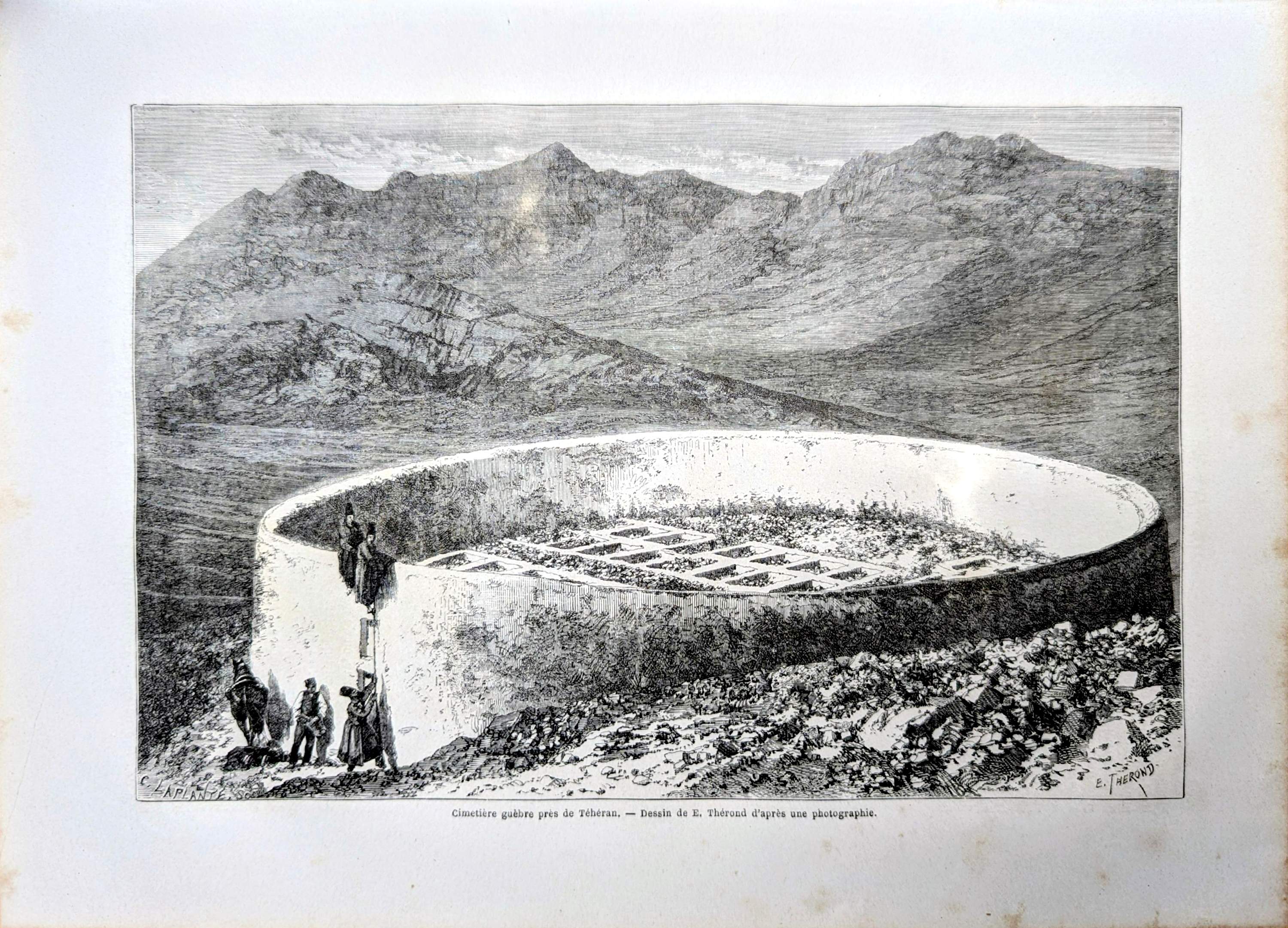 Gheber cemetery near Tehran, Iran. Printed in 1866.
