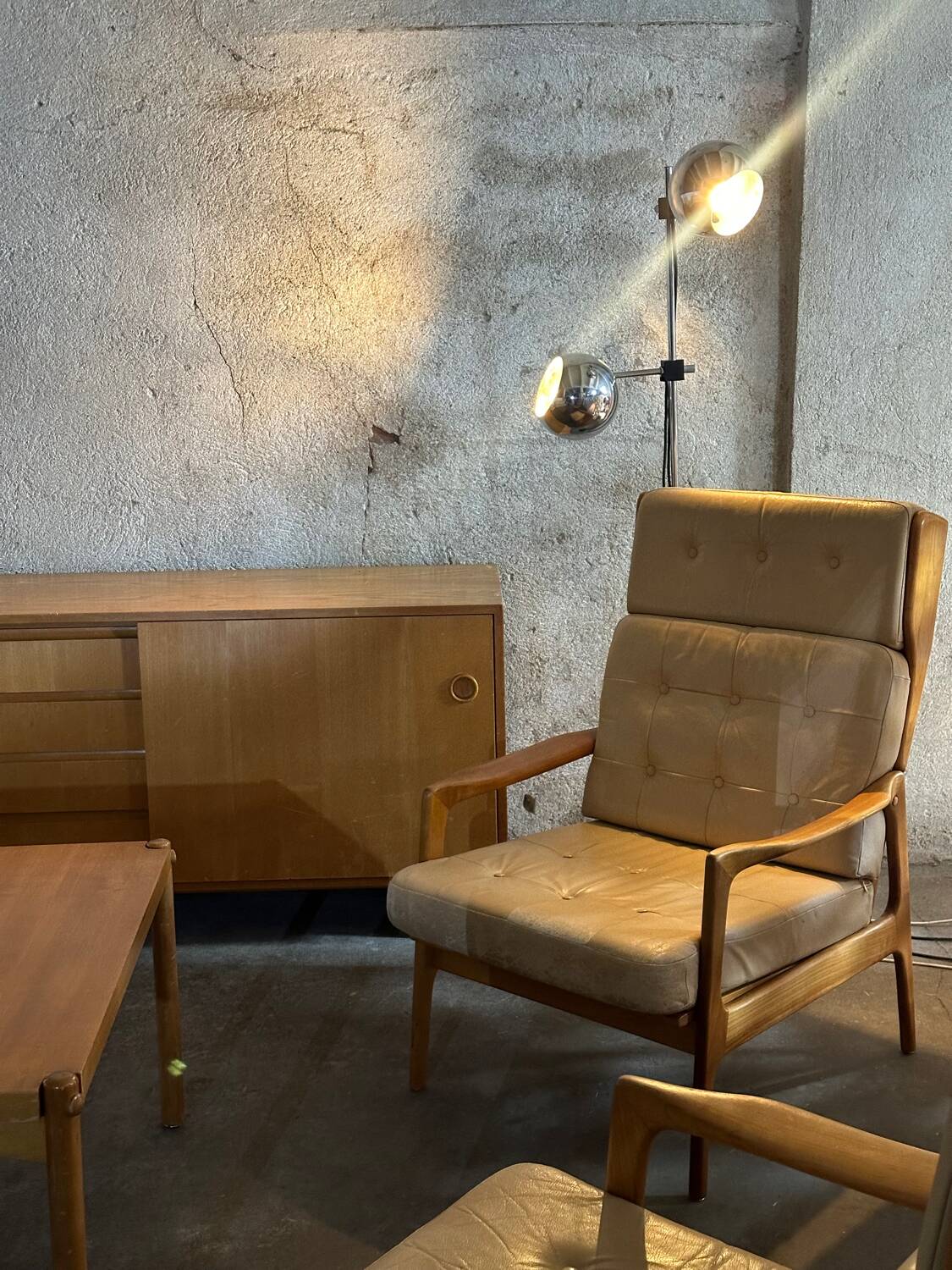 Scandinavian Style Sofa + Three Armchairs Set in Light Wood and Leather