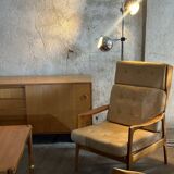 Scandinavian Style Sofa + Three Armchairs Set in Light Wood and Leather