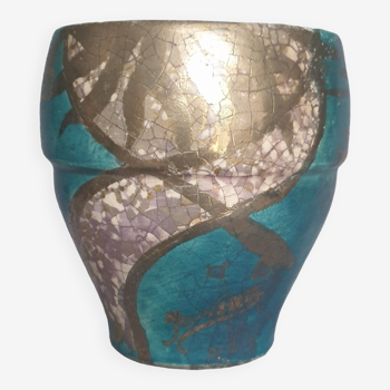 Cracked ceramic vase, circa 1950. Turquoise and silver blue, signed Jouvenia