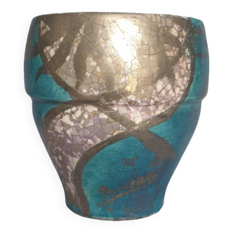 Vase en céramique craquelée, vers 1950. Bleu turquoise et argenté, signé Jouvenia