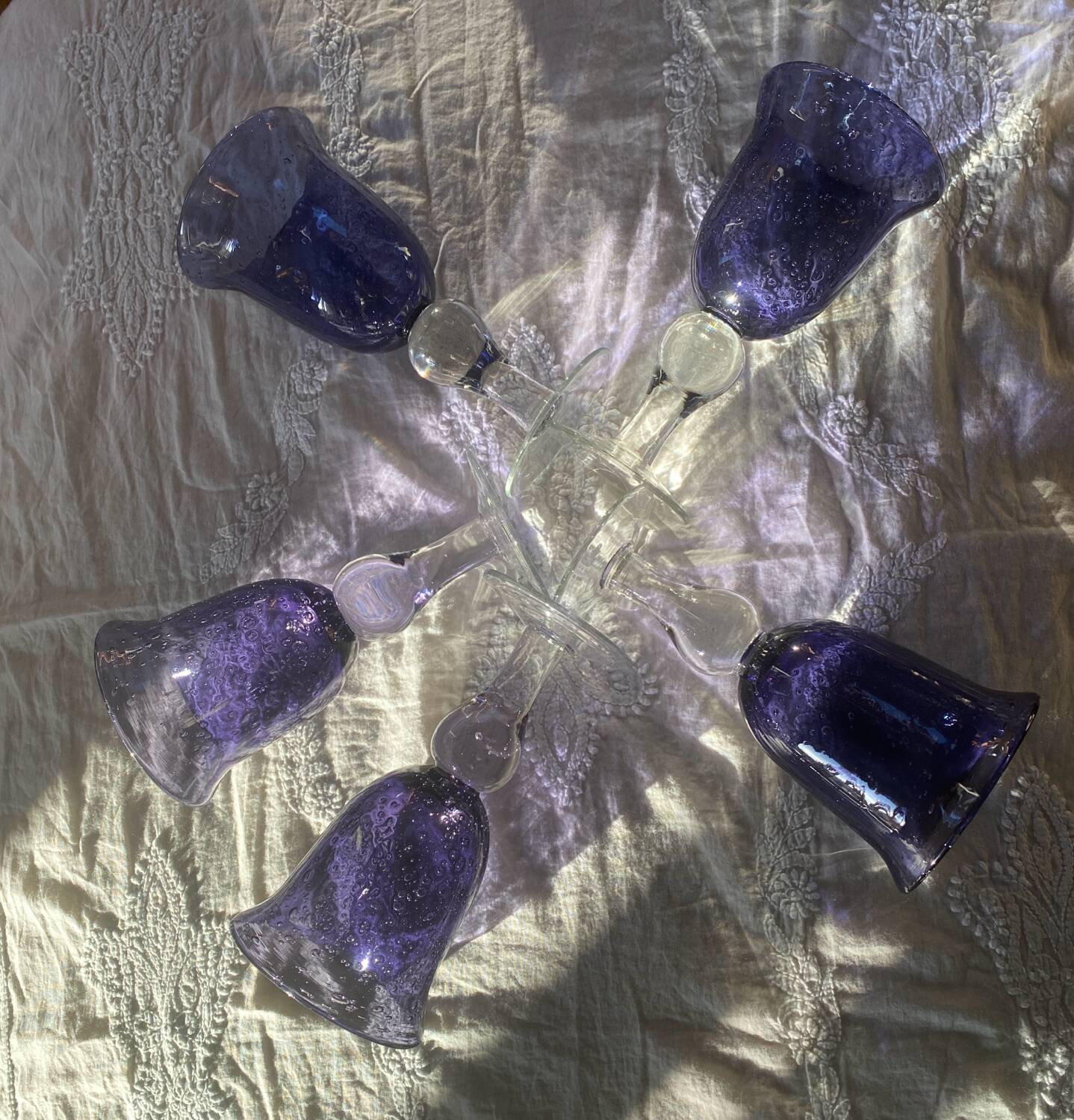 Set of 5 large vintage bubbled and blown glass glasses
