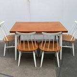 Teak mid-century table and Fanett chairs by Ilmari Tapiovaara for Asko, set of 5.