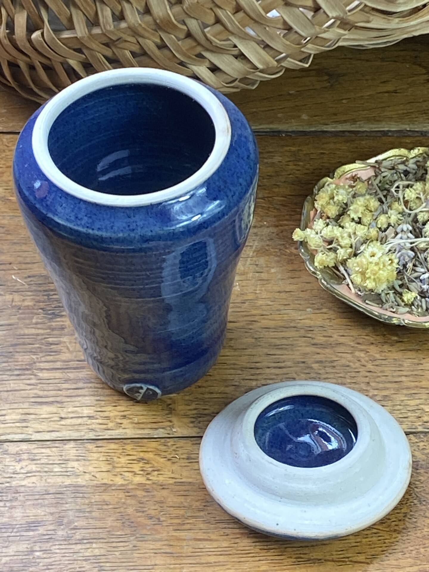 Glazed blue stoneware bonbonnière