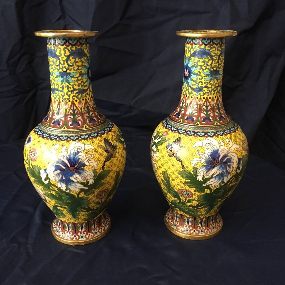 Pair of cloisonne enamel vases with japanese floral decor