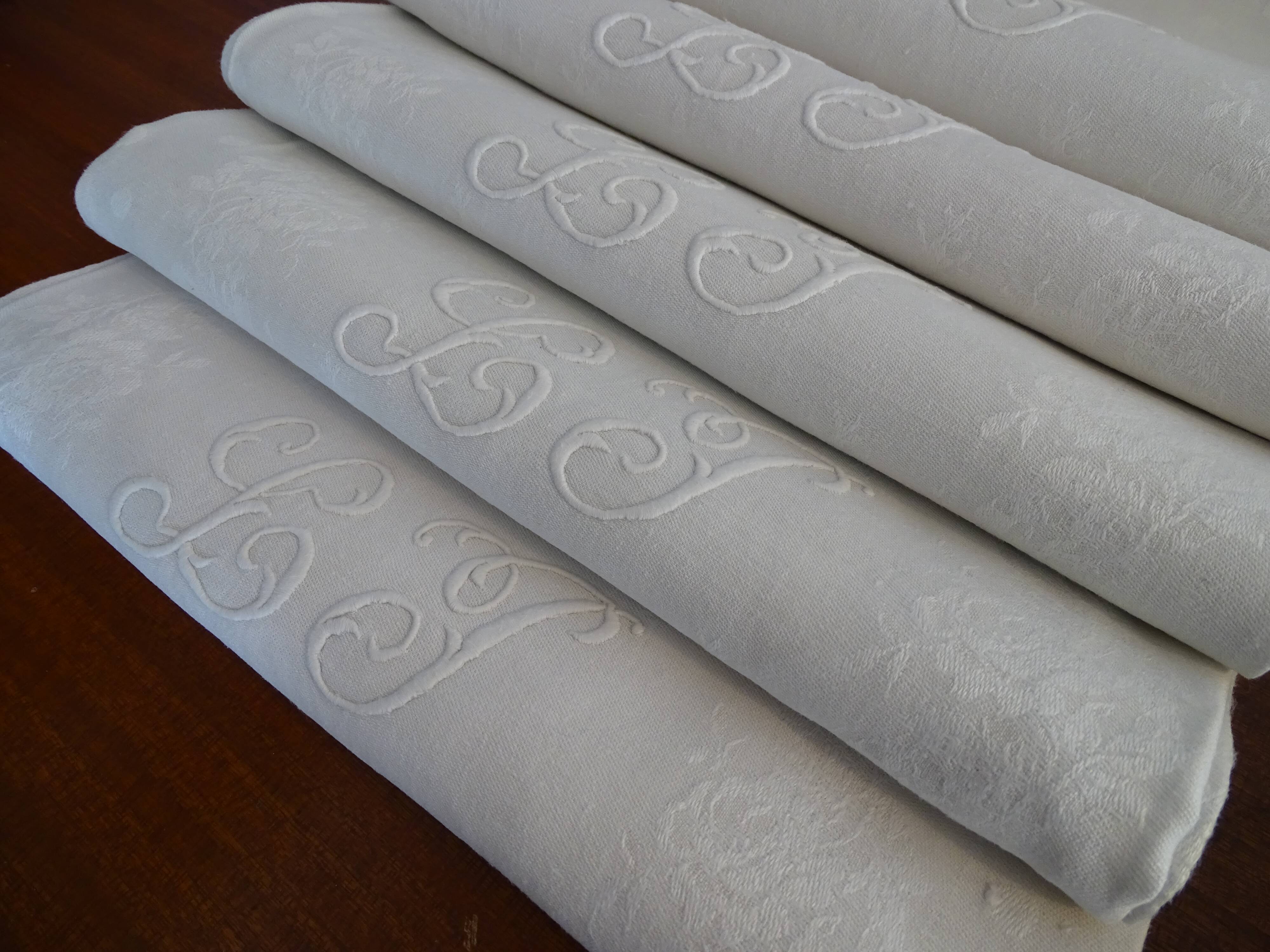 10 old embroidered napkins with L.J monogrammed damask cotton