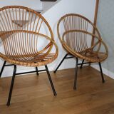 Fauteuil rotin enfant piètement métal 1950