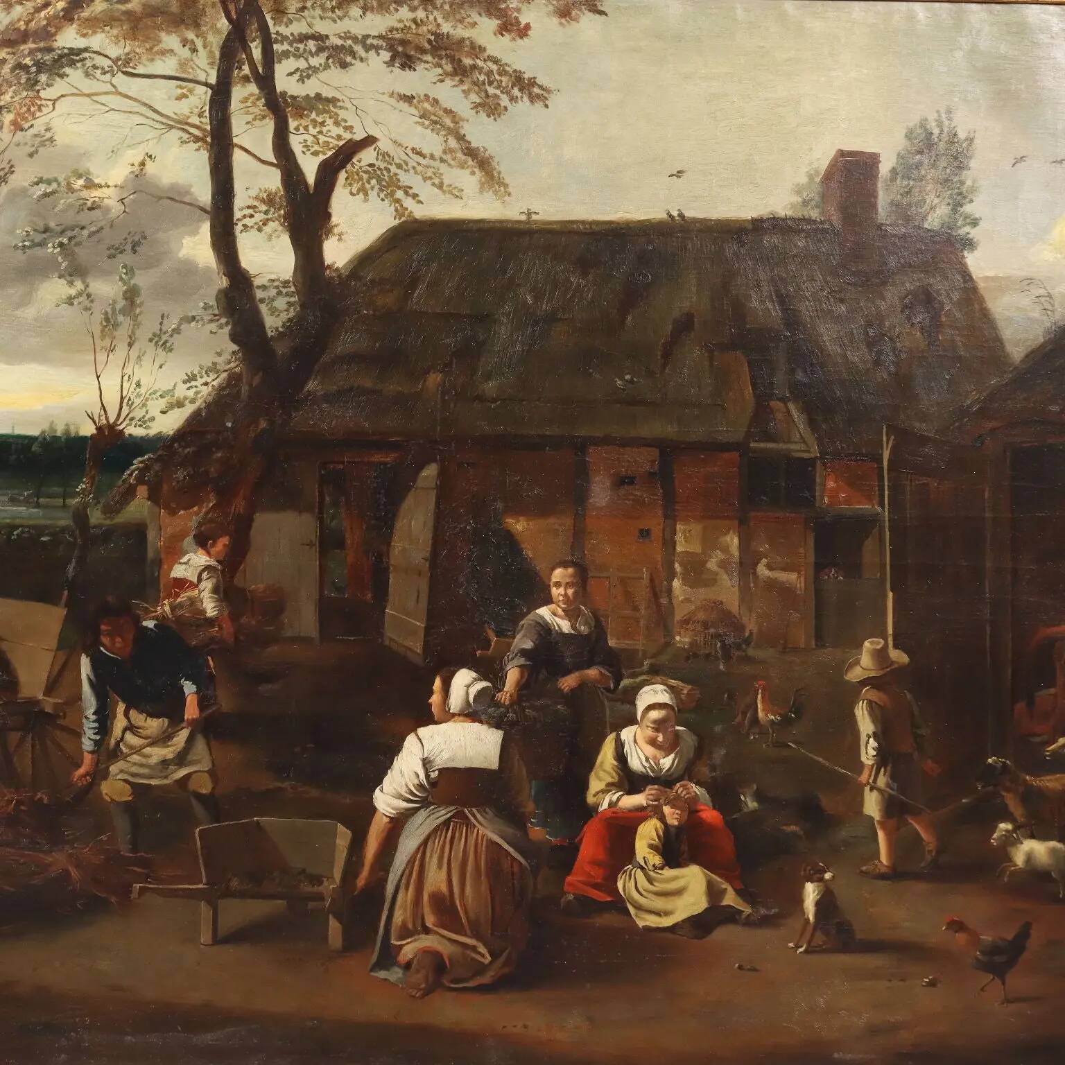 Peinture ancienne scène champêtre, huile sur toile, Europe du Nord '800