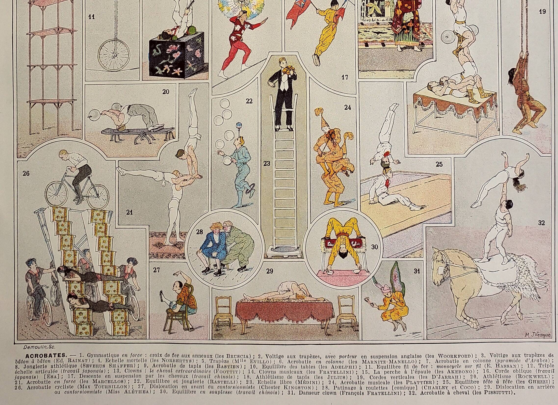 Old engraving 1928, Acrobats, Circus, show, balance • Lithograph, original illustration