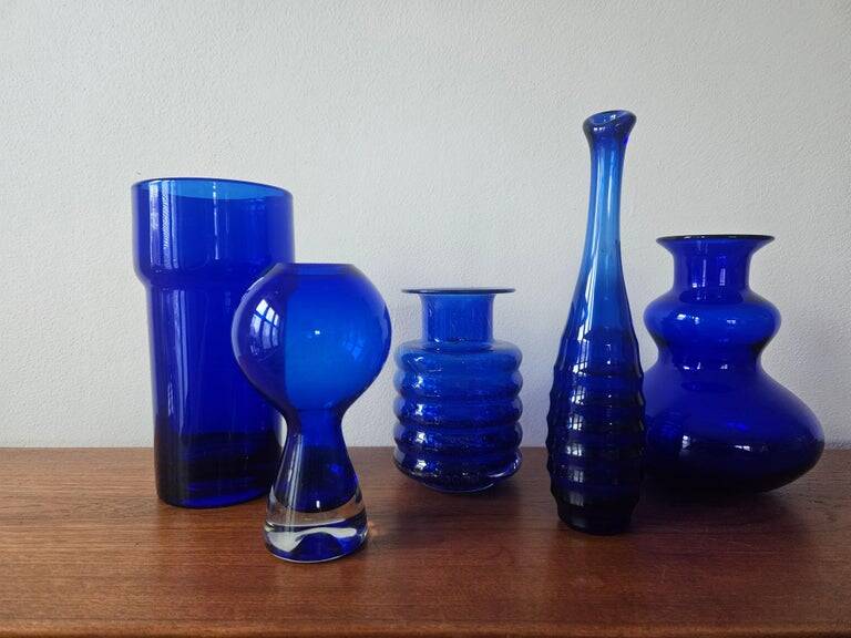 Set of five mid-century cobalt glass vases, Harzkristall, Marita Voigt, 1970
