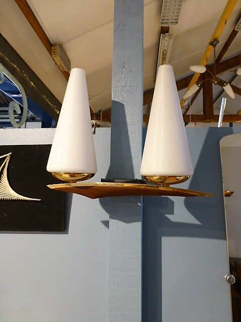 Set of 3 brass and teak Arlus wall light 1960