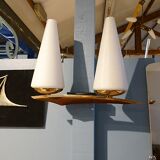 Set of 3 brass and teak Arlus wall light 1960