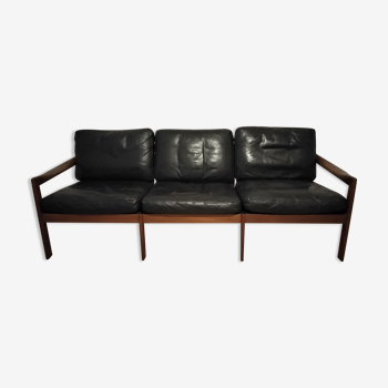 Teak & Black leather sofa by Illum Wikkelso, Denmark 1960