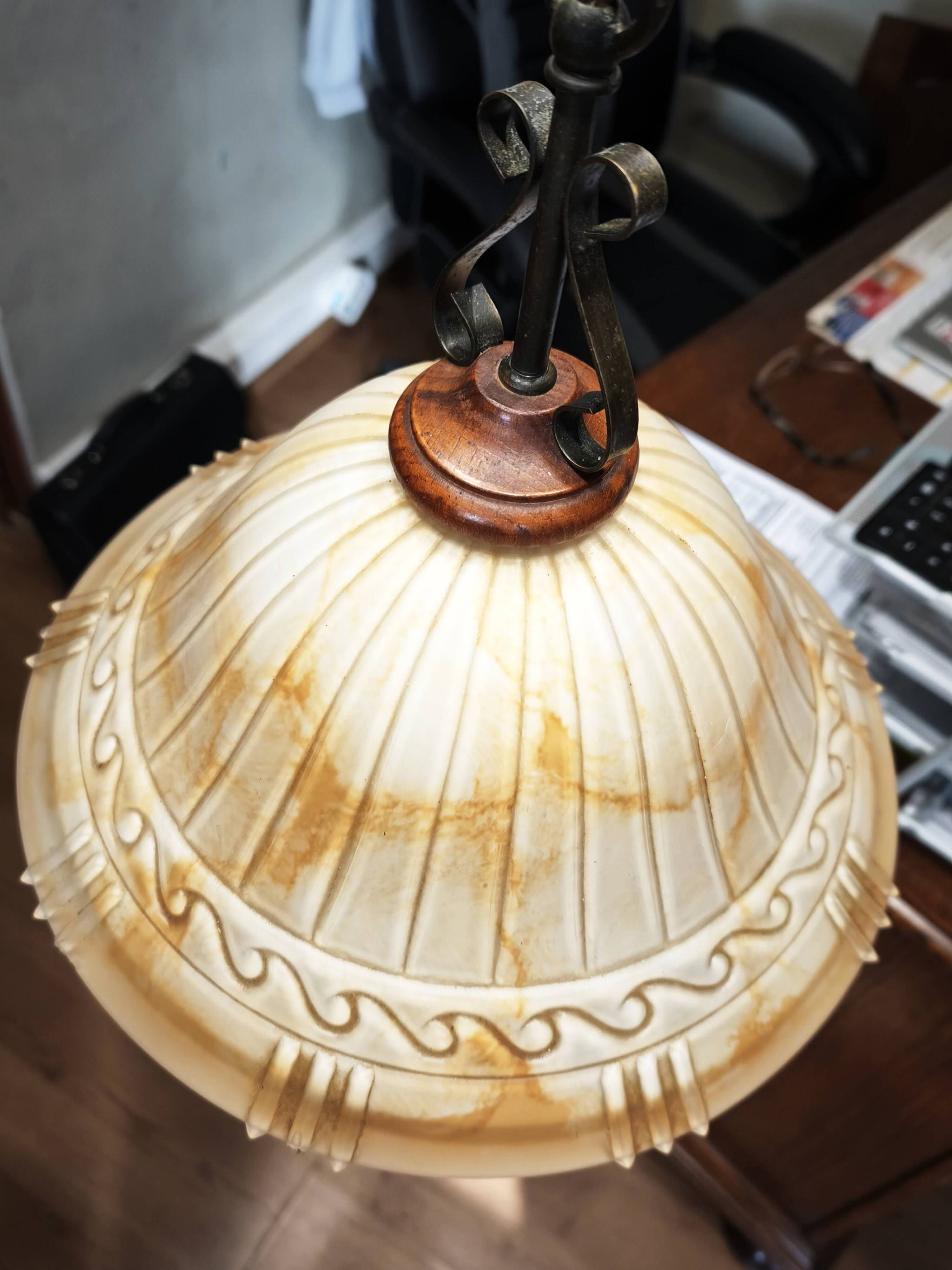 Vintage honey marbled glass pendant light with patinated metal – 1990s
