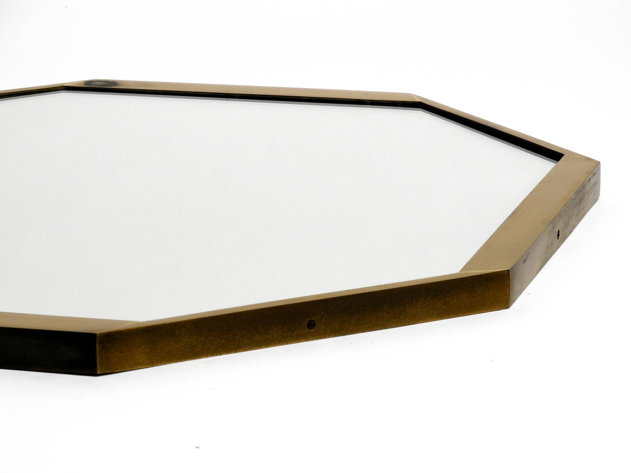 Large unusual Italian Mid Century Modern octagonal brass wall mirror