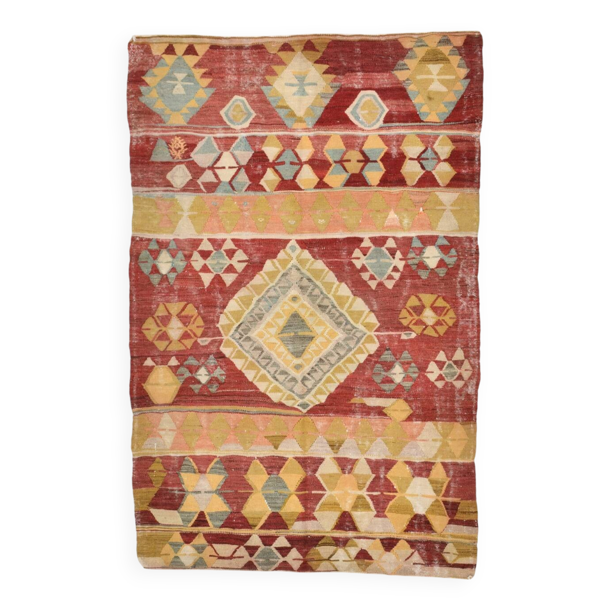 4x7 Red Green Turkish Vintage Kilim Rug 135x210Cm SK 2239