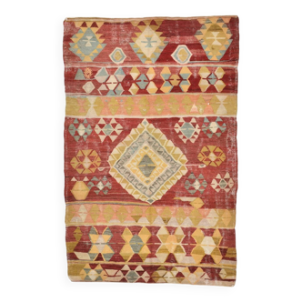 Tapis Kilim turc vintage rouge et vert 4x7 135x210 cm SK 2239
