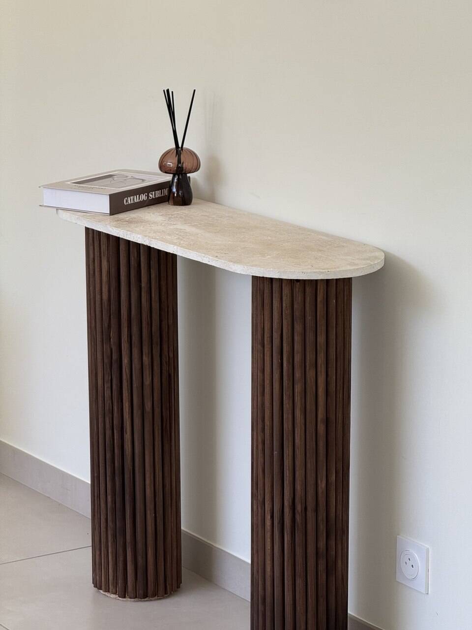 Travertine and wood console | dark oak