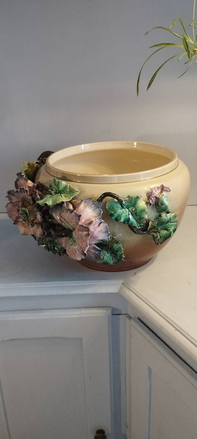 Grand Cache-pot Barbotine Art Nouveau - Décor Pavots Polychrome