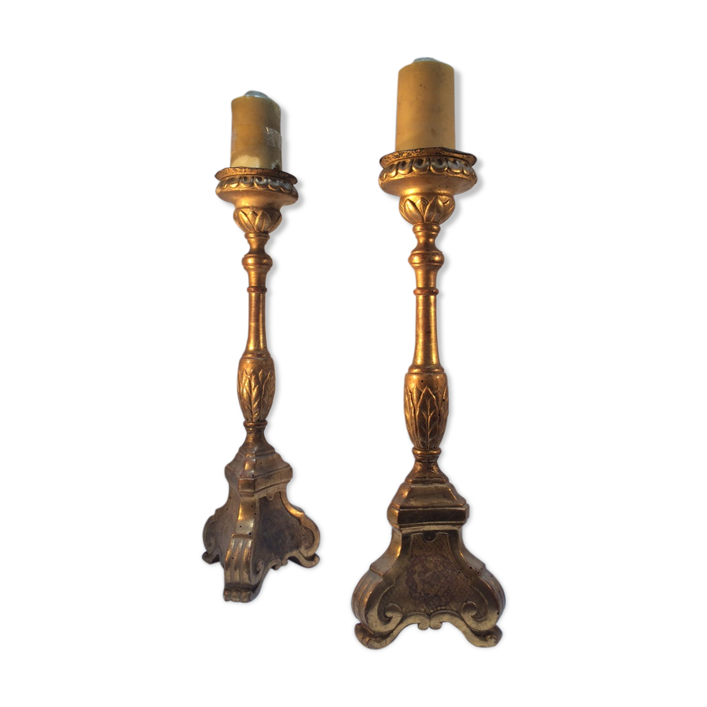 Pair of ancient carved gilded wood candlesticks - 18th century