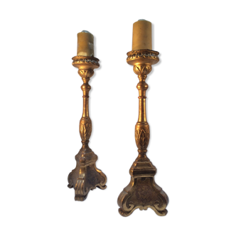 Pair of ancient carved gilded wood candlesticks - 18th century