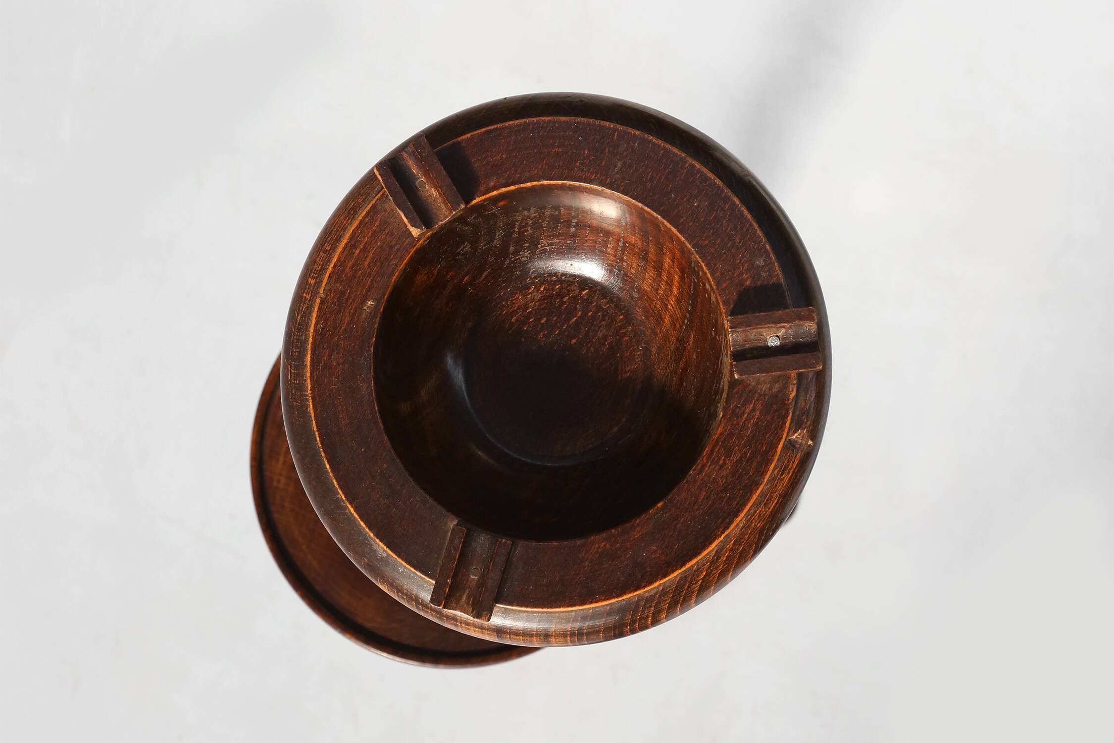 Art Deco oak ashtray on hand-turned base, France, 1930s