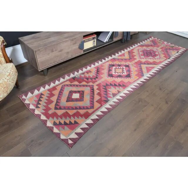 1970s Turkish Oushak Handmade Wool Cotton Pink Runner Rug 95x333