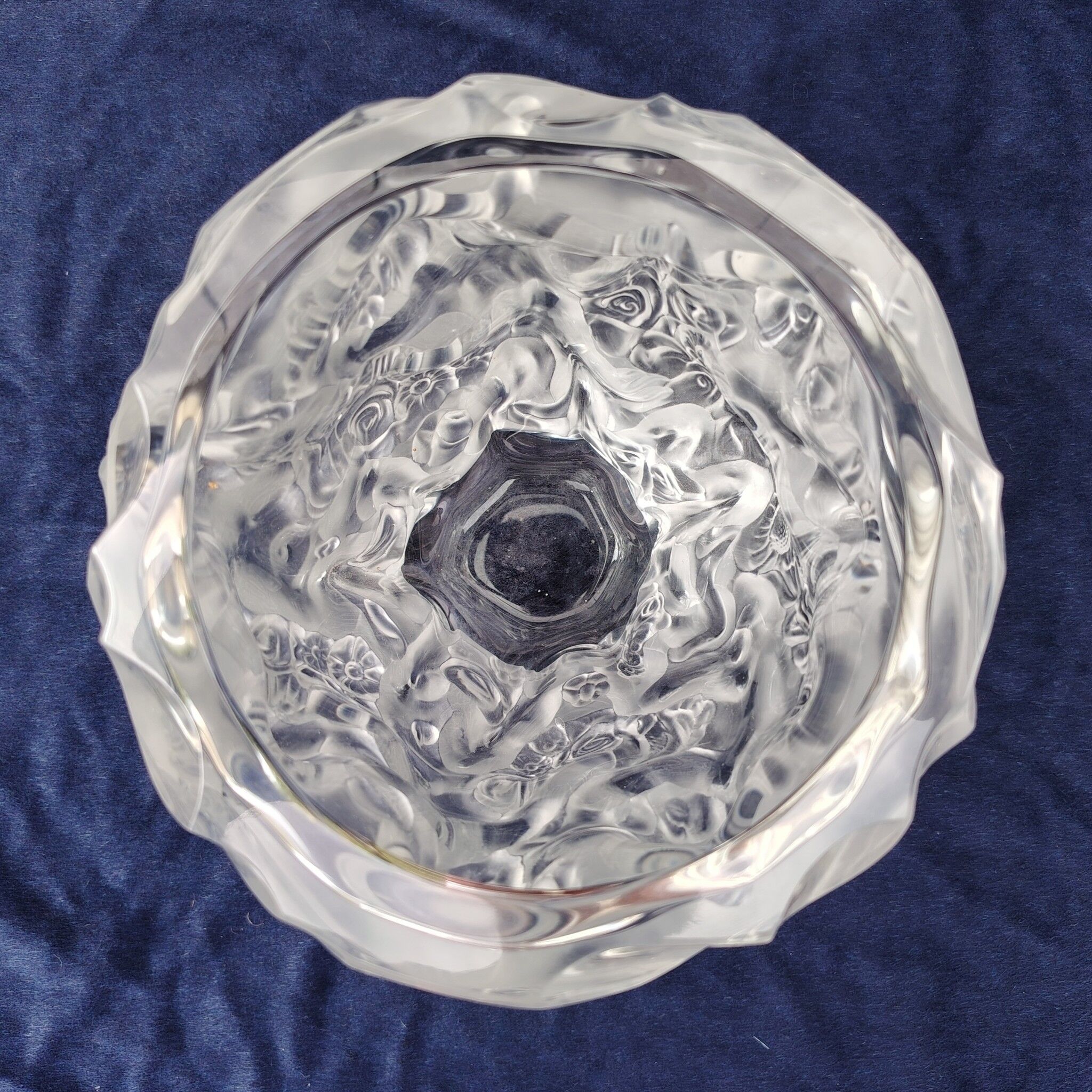 Frosted glass vase, decorated with cherubs and flowers, vintage.
